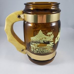 World's Fair Expo '74 Spokane, WA Brown Glass Barrel Mug with Wood Handle